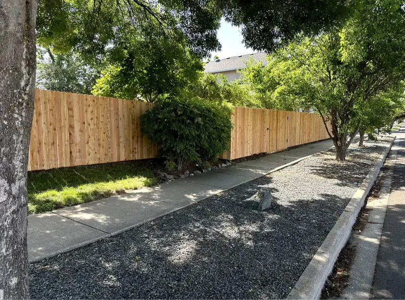 The image shows a wooden privacy fence, likely made of cedar or treated pine, running alongside a concrete sidewalk and a gravel landscaping strip.