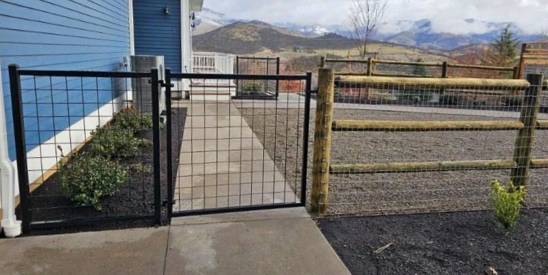 3-Rail Drill & Dowel Fence with 4' Non-Climb Wire Fence & Steel Grid Gate