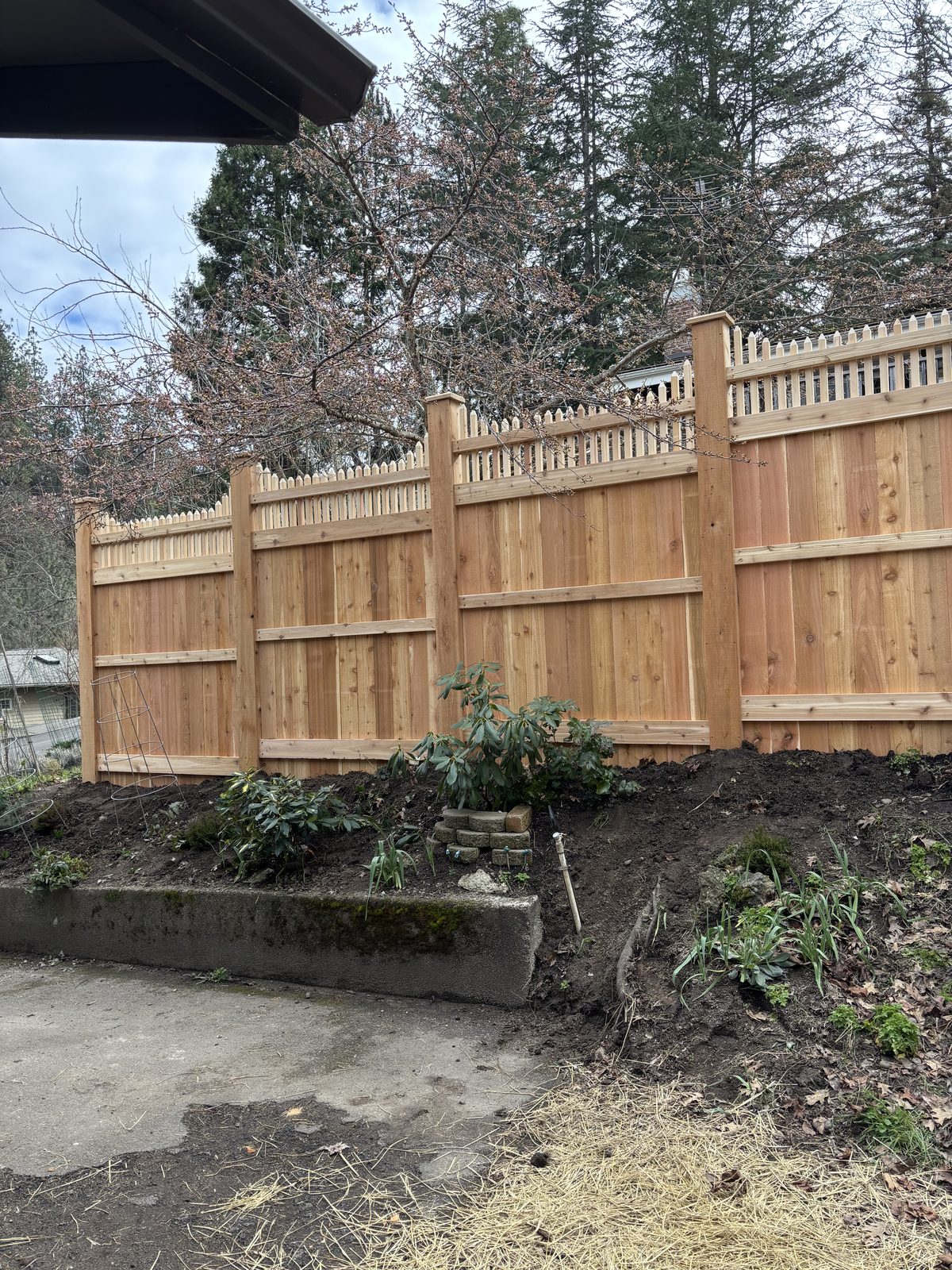 6' High Custom Wood Fence with Decorative Top, Galvanized Steel Posts & Cedar Wrap