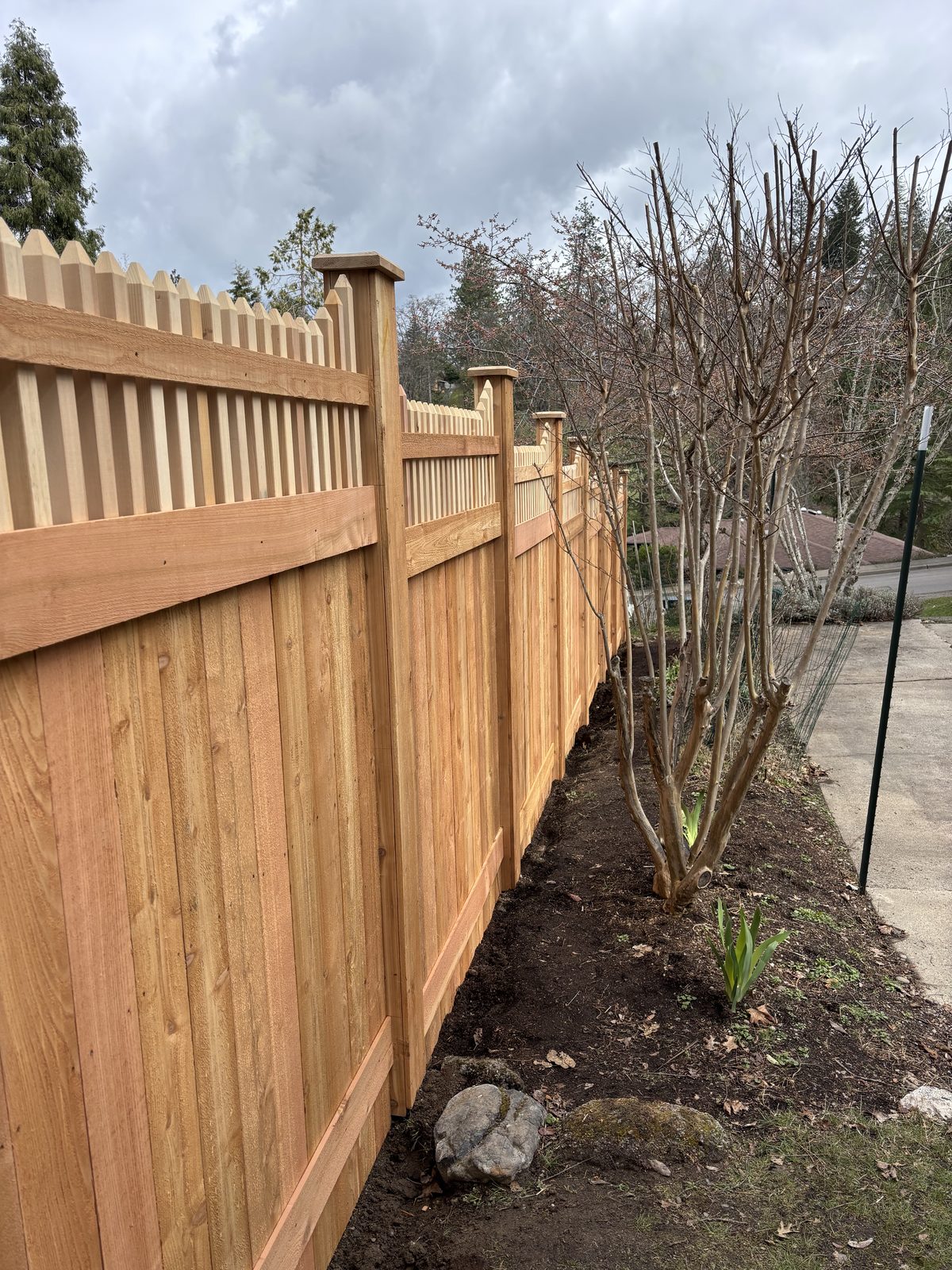 6' High Custom Wood Fence with Decorative Top on Galvanized Steel Posts & Cedar Wrap