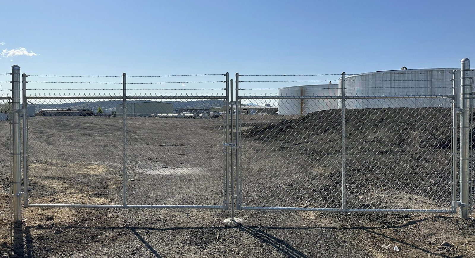 6' High Double Swing Chain Link Gate with 3 Strands of Barbed Wire on Top