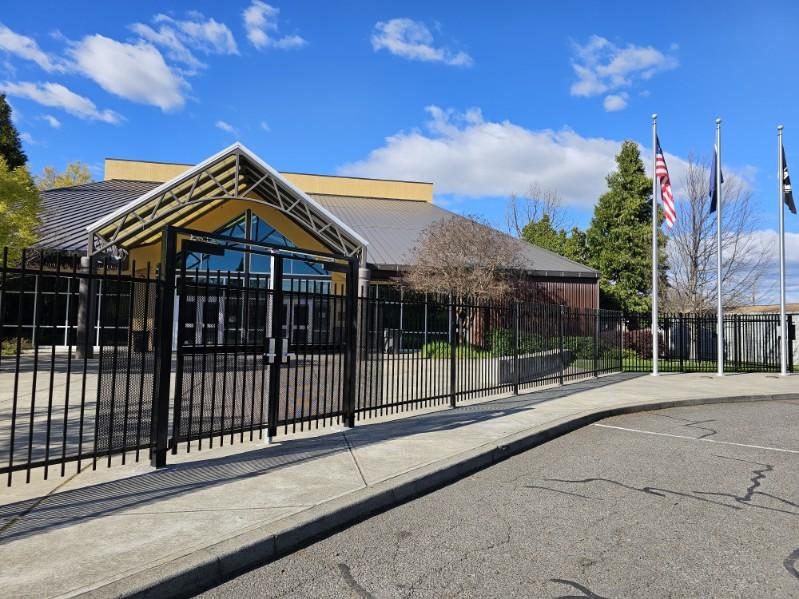 6' High Double Swing Panic Hardware Gate with Perf Plate & 6' High Aristocrat Style Ornamental Iron
