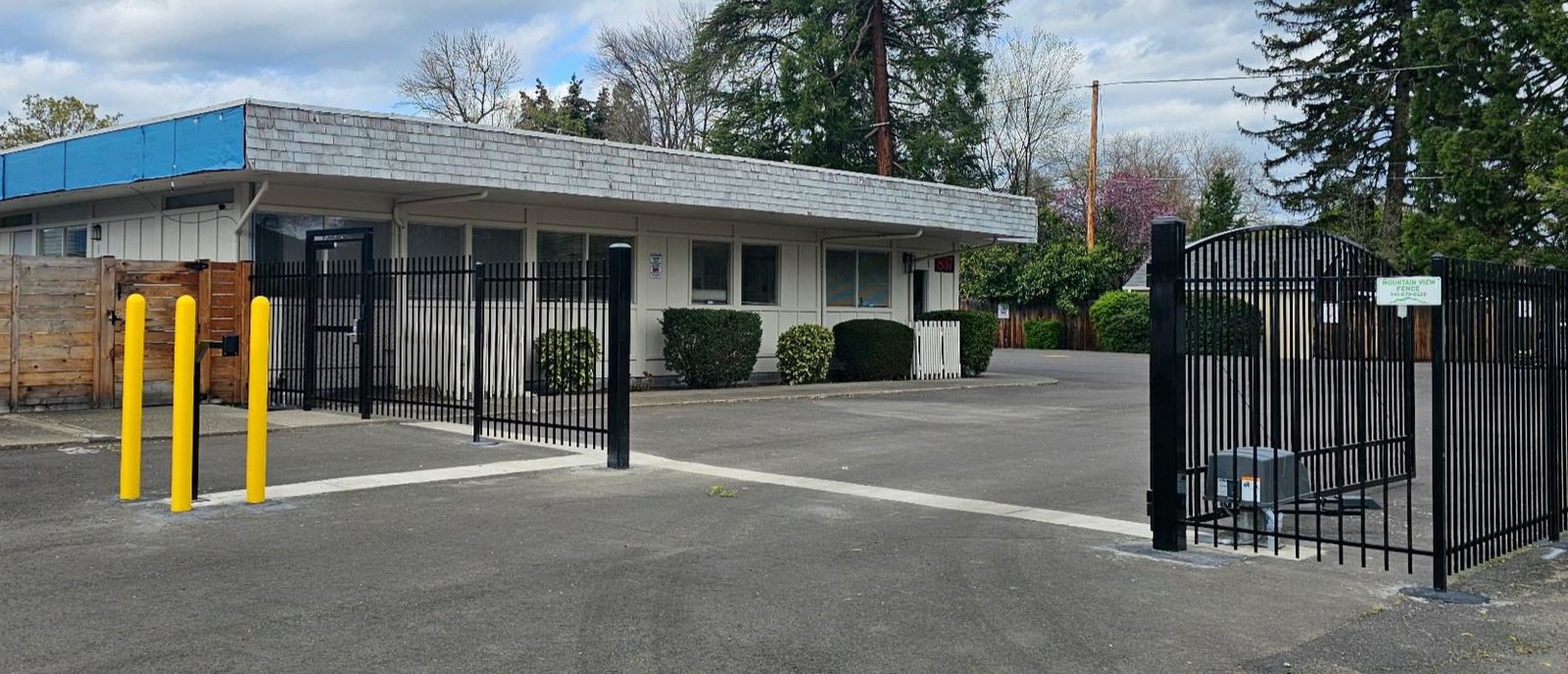 6' High Ornamental Iron Single Swing Auto Gate with Keypad & Safety Yellow Bollards