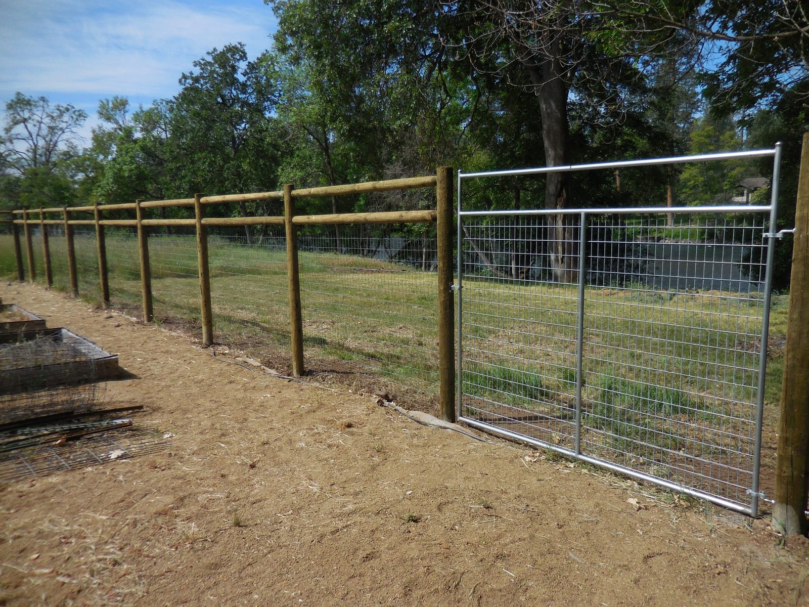 6' High Post-N-Rail Fencing with Non-Climb Fabric, Treated Douglas Fir Posts & Galvanized Tube Steel Frame Grid Style Gate