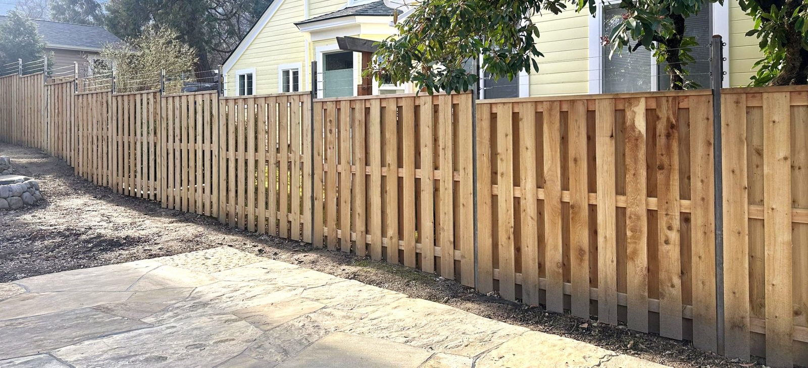 Alternating Board Shadowbox Cedar Fence with 2 Strands Smooth Wire on Top for Deer Protection